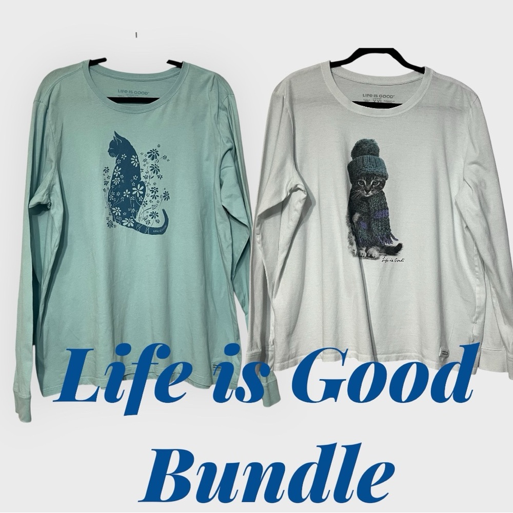 Life Is Good Woman’s Long Sleeve Cat Crusher Tees Bundle Blue - White Size XXL - Picture 1 of 14
